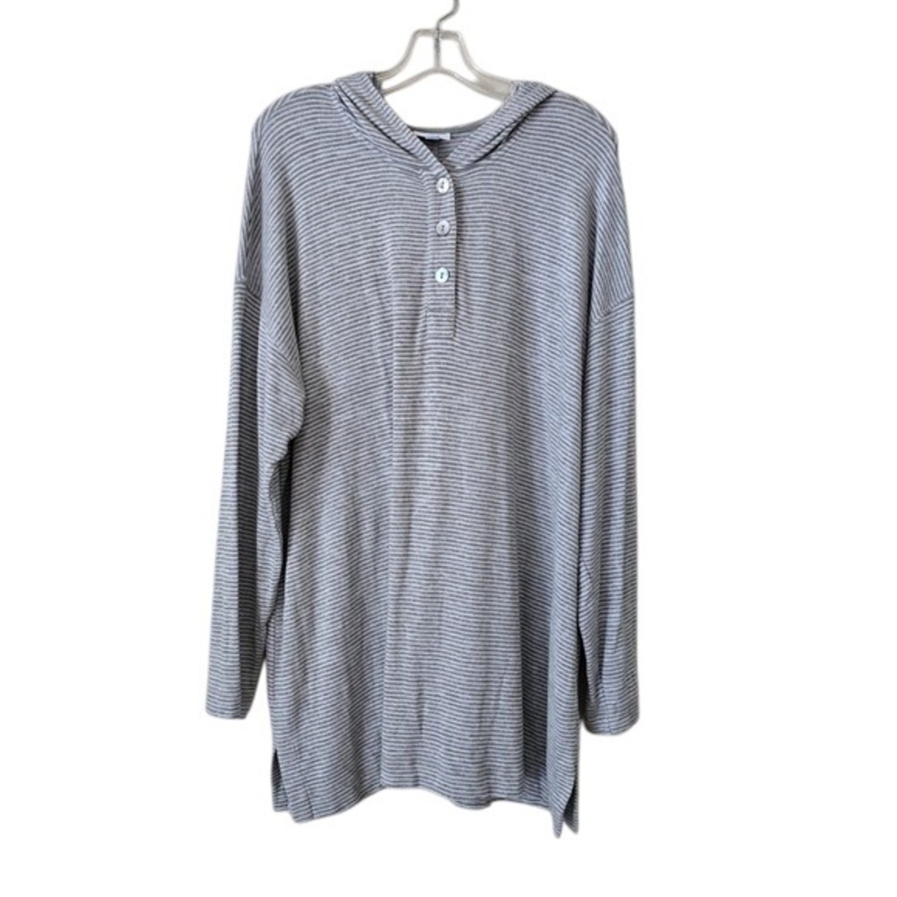 J. Jill Striped Henley Hoodie Tunic Grey White Size XL Tall Long Sleeve Knit Top